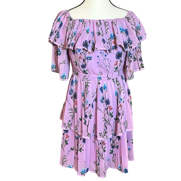 Etik@ Purple Floral Dress Mini Pleated Off-the-shoulder Woman’s Size Medium - Picture 1 of 7